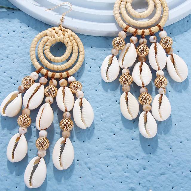 SHEIN Bohemian Vacation Shell Beaded Vine Woven Dangle Earrings