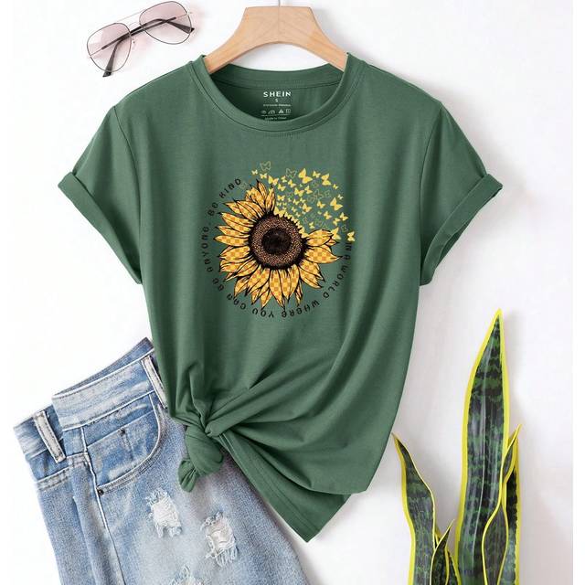INAWLY Sunflower And Slogan Graphic Tee YOU CAN BE WHERE ANYONE CAN BE KIND Graphic Tees Women Tops