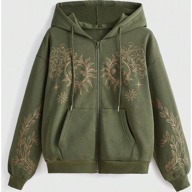 Sun & Leaf Grafisk Zip Up Dragsko Termofodrad hoodie, skola, långärmade toppar - Grön (L,M,S,XL,XS)