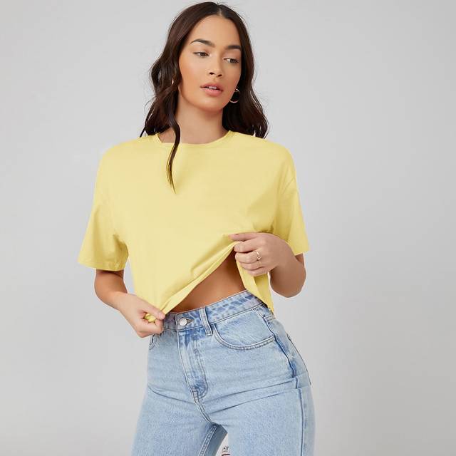SHEIN Casual Solid Drop Shoulder Crop Tee