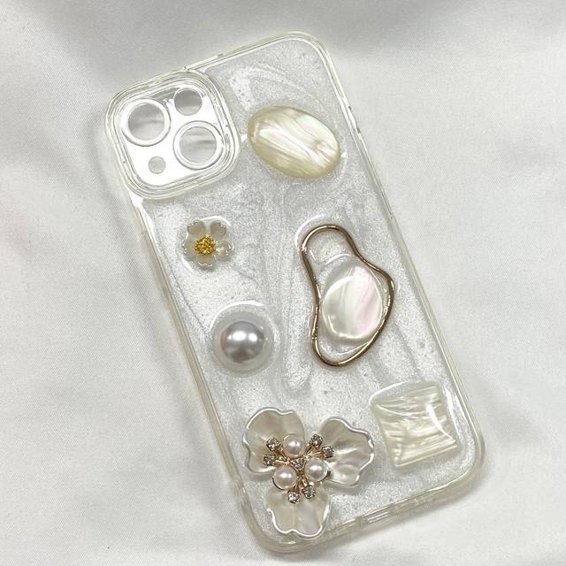 Beach 3d Flower, Faux Pearl & Gemstone Decor Telefonfodral Kompatibel med IPhone15/15Plus/15Pro/15Promax 14/13 Pro Max/12/11, Full täckning Drop Prote - Vitt (Multi-size)
