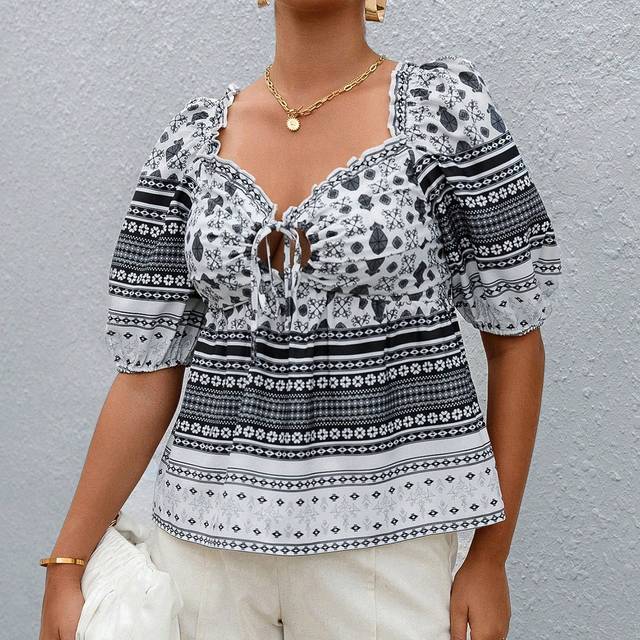 Veckad Remsa Famsida Knut Stam- Boho Blus - Svart och Vitt (L,M,S,XS)