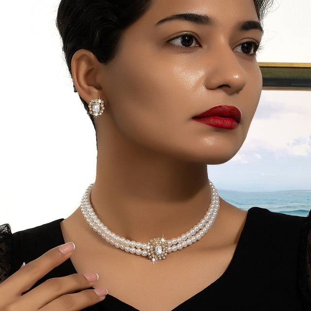 1 uppsättning dubbla lager fuskpärla och geometrisk full av strass design örhängen och halsband smycken set lämplig för kvinnors dagliga klädsel - Multifärgad (En-Storlek)