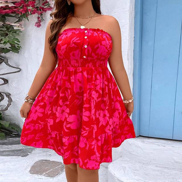 Sunnyshic Plus Floral Print Button Front Tube Dress For New Year Clothes Vacation Beach Outfits Women