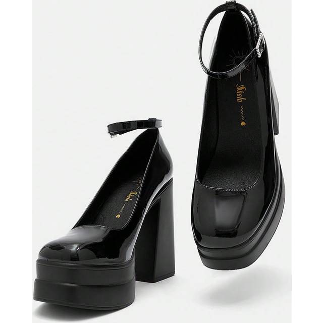 SHEIN Elegant Black Ankle Strap Pumps For Women, Rhinestone Buckle Decor Platform Chunky Heeled Artificial Patent Leather Pumps Vacation Shoes Summer Sorcer