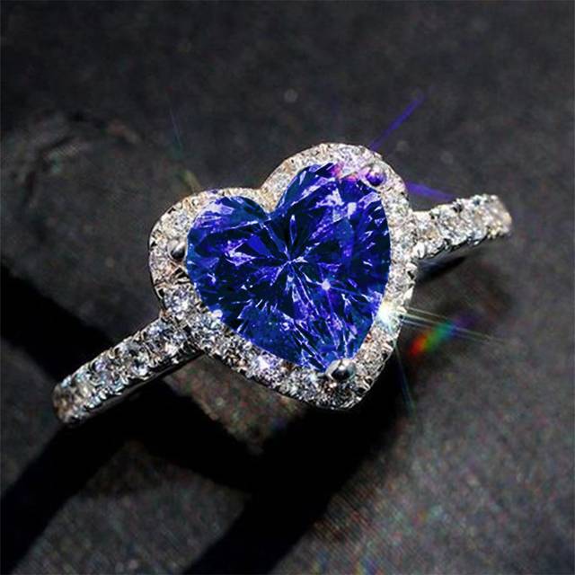 SHEIN 1 PC Romantic Blue Heart Cubic Zirconia Ring For Women For Valentine&#39;s Day Gift Wedding Engagement Anniversary Party Jewelry