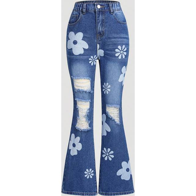 SHEIN Tween Girl Printed Distressed Flare Jeans With Raw Hem