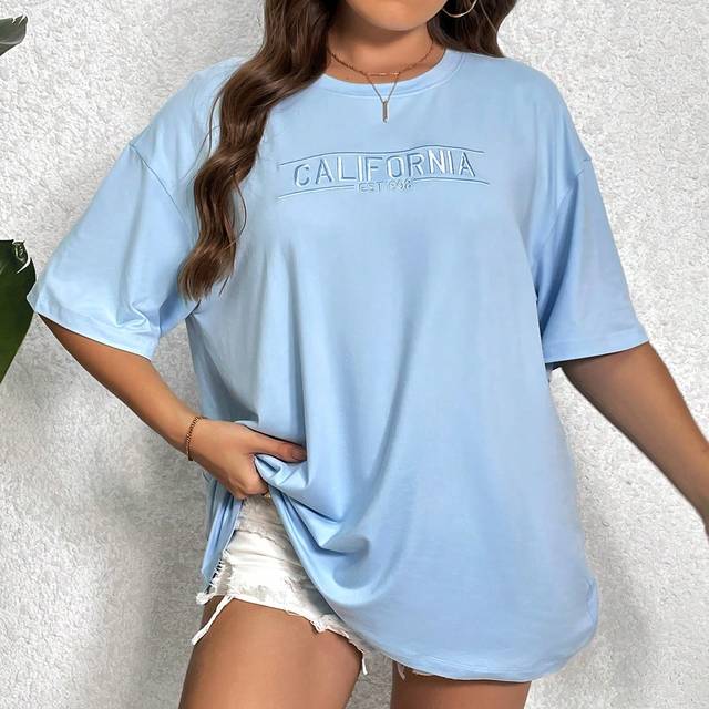 SHEIN Plus Letter Embroidery Drop Shoulder Tee