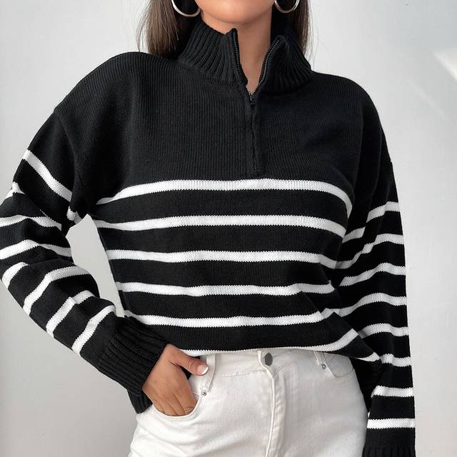 SHEIN Stripe Pattern Half Zipper Drop Shoulder Jumper