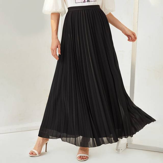 Mulvari Women Solid Color Daily Wear Pleated Maxi Skirt