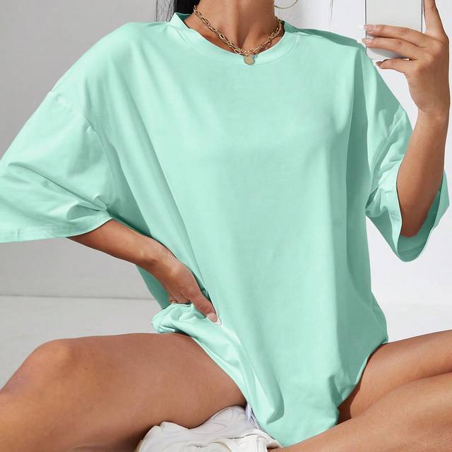 INAWLY Solid Drop Shoulder Oversized Tee