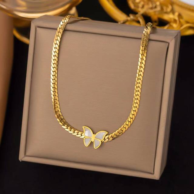 Rostfritt Stål 18 K Vitt guld PLÄTTERAD Fjäril Och Orm Ben Kedja Halsband Hängsmycke , Kvinnors Festbal Nyckelben Kedja (En-Storlek)