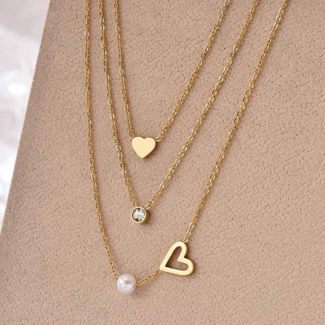 SHEIN 1pc Triple-Layered Stylish Heart Shape & Faux Pearl Pendant Women&#39;s Stainless Steel Necklace Valentines,Mom,Mother,Mother&#39;s Day,Gift