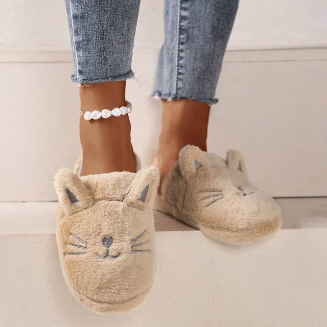 Preppy Novelty Tofflor för kvinnor, fluffig tecknad kattdesign Broderidetaljer Slip-on hemtofflor - Aprikos (CN36-37,CN38-39,CN40-41)