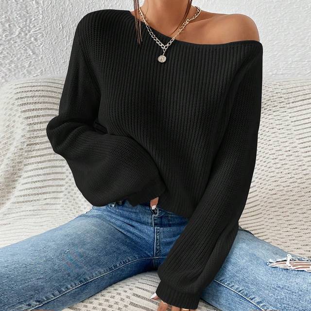 SHEIN Solid Ribbed Knit Asymmetrical Shoulder Jumper