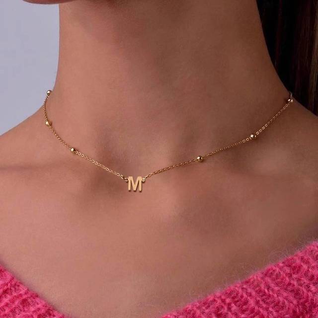 SHEIN Stainless Steel 26 Initial Pendant Women Necklace Bead Charm Necklace For Women