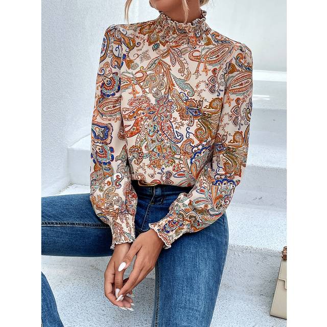 Paisley Print Frill Trim Mock Neck Blus,Ladies Boho Frill,Shirred Långärmad Stativkrage Normal Fit Vanlig Multicolor Bishop Sleeve Top Damblusar,Vår/H - Multifärgad (L,M,S,XL,XS)