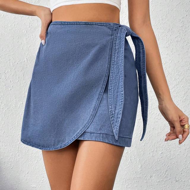 SHEIN Summer Vacation Blue Loose Fit Vacation Style Wrap Around Denim Skirt With Tie