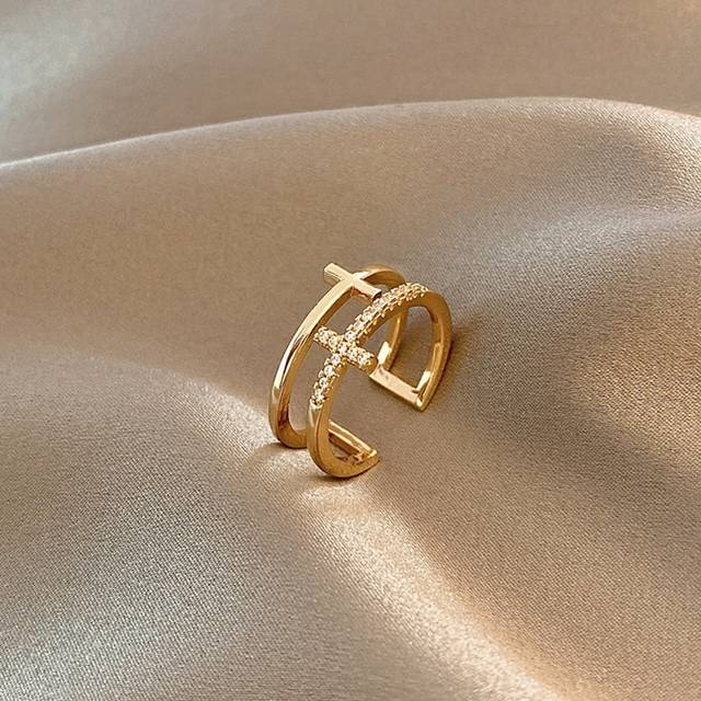 SHEIN 1pc Fashion Stainless Steel Cubic Zirconia Decor Hollow Out Cross Layered Cuff Ring For Women For Decoration Gift