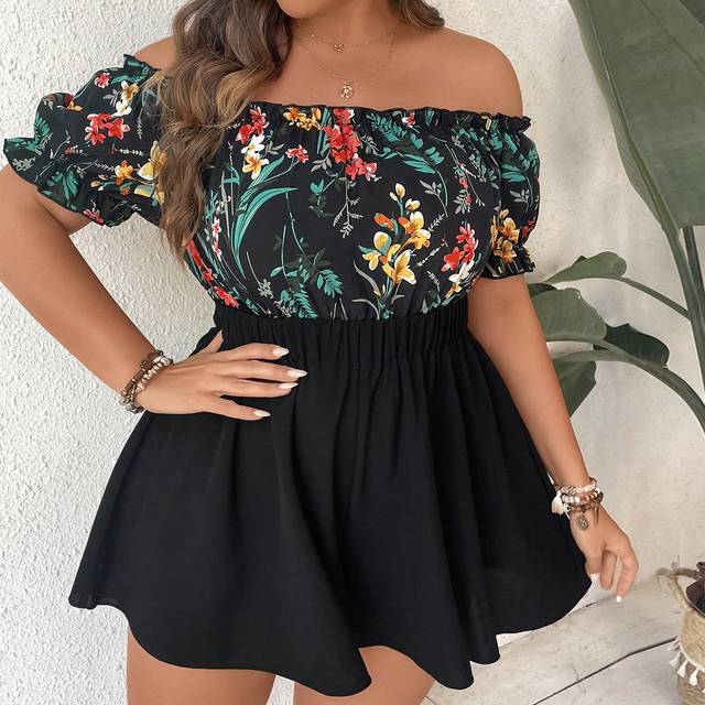 Breezaya Plus Size Women&#39;s Floral Printed Off Shoulder Summer Boho Romper