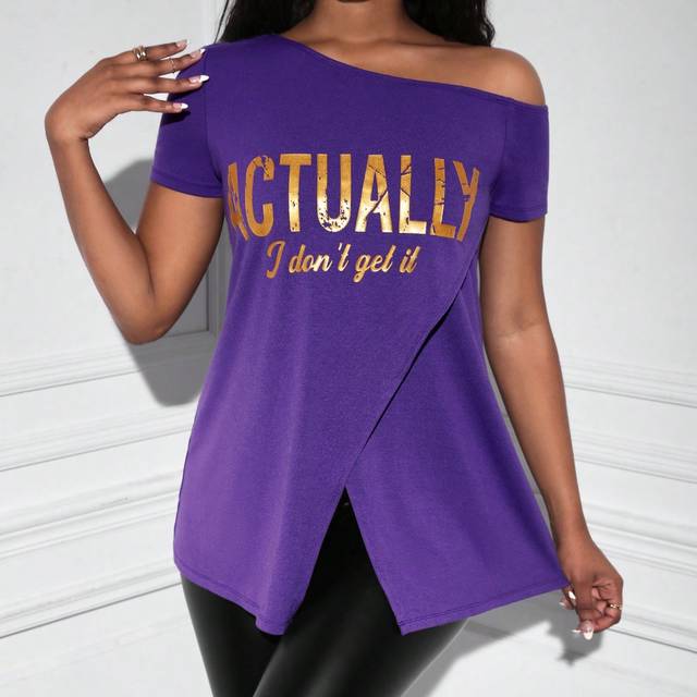 Slaydiva Slogan Graphic Asymmetrical Neck Wrap Hem Tee