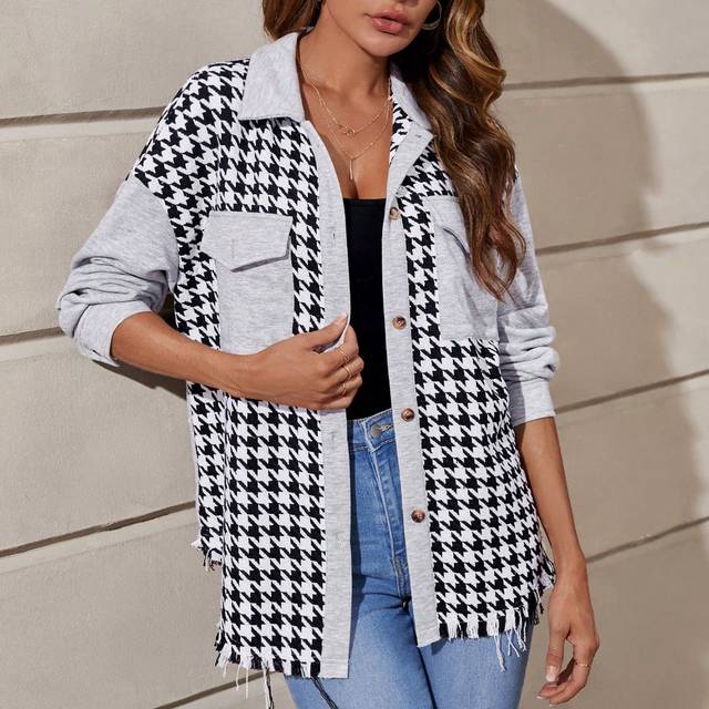 SHEIN Houndstooth Print Drop Shoulder Flap Pocket Coat