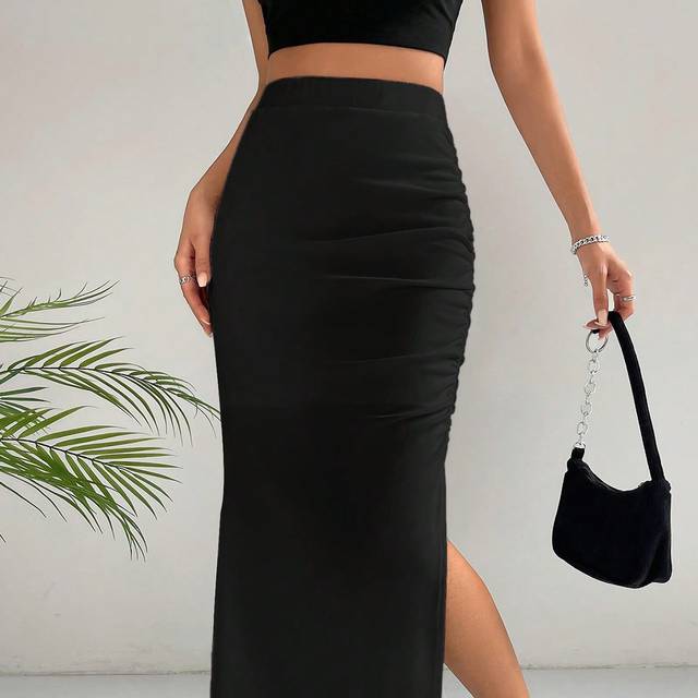 SHEIN Solid Split Thigh Ruched Skirt