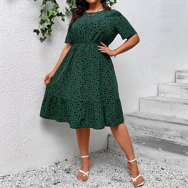 SHEIN Plus Size Women&#39;s Full Polka Dot Print Summer Short Sleeve Fitted Crew Neck Umbrella Hem A-Line Hem Midi Dress