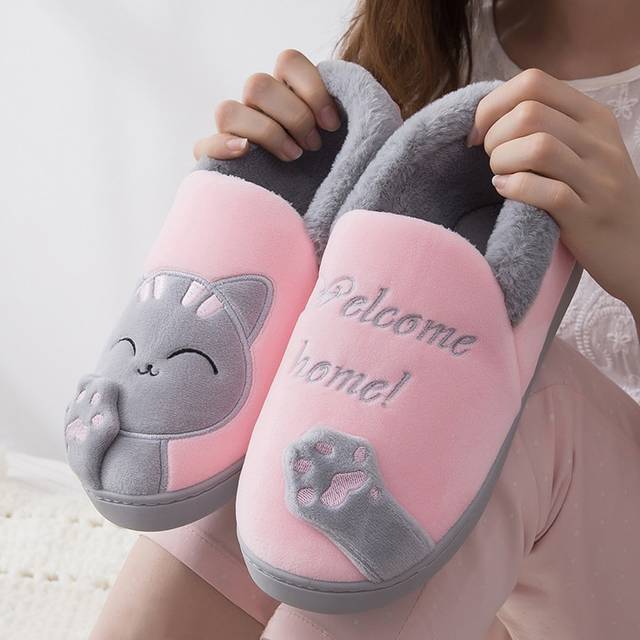 Kvinnor Höst/vinter Tjocksula Plysch Lucky Cat Broderi Tecknad Cute House Tofflor - Rosa (CN36-37,CN38-39,CN40-41,CN42-43)