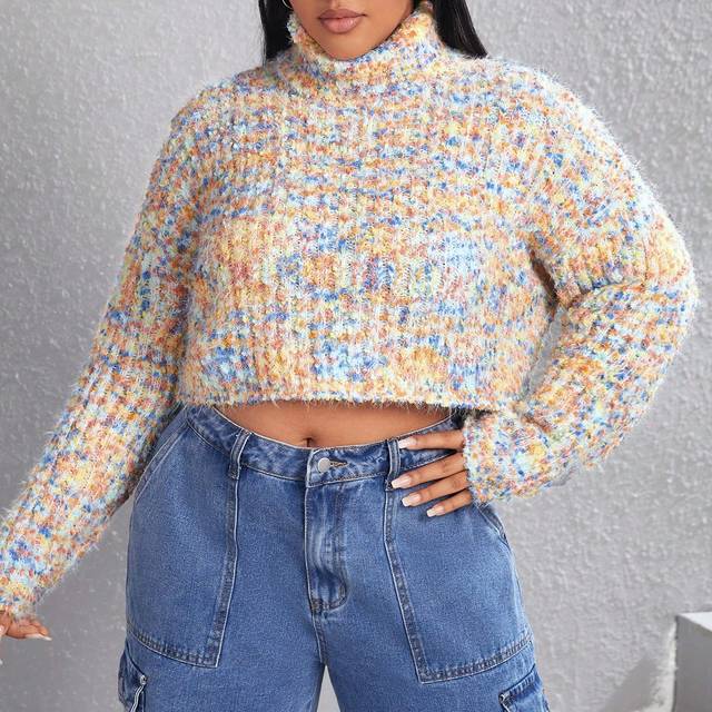 SHEIN Plus Space Dye High Neck Drop Shoulder Crop Sweater