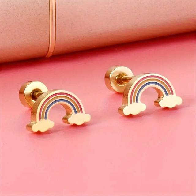 SHEIN 1 Pair Cute Minimalistic Rainbow Stainless Steel Ear Studs With Screw Earrings Needles,Suitable For Girls&#39; Holiday Gifts.
