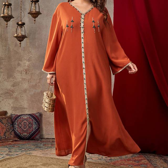 Plus Size Kontrast Tejp Faux Pearl Beaded Ädelsten Detalj Split Fåll Klänning - Bränd Orange (0XL,1XL,2XL,3XL,4XL)