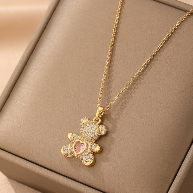 SHEIN 1pc Stainless Steel Cute Bear Heart Pendant Necklace, Creative Design, Vintage Style, Casual & Fashionable, Suitable For Thanksgiving, Christmas, Dail