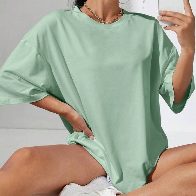 INAWLY Solid Drop Shoulder Oversized Tee