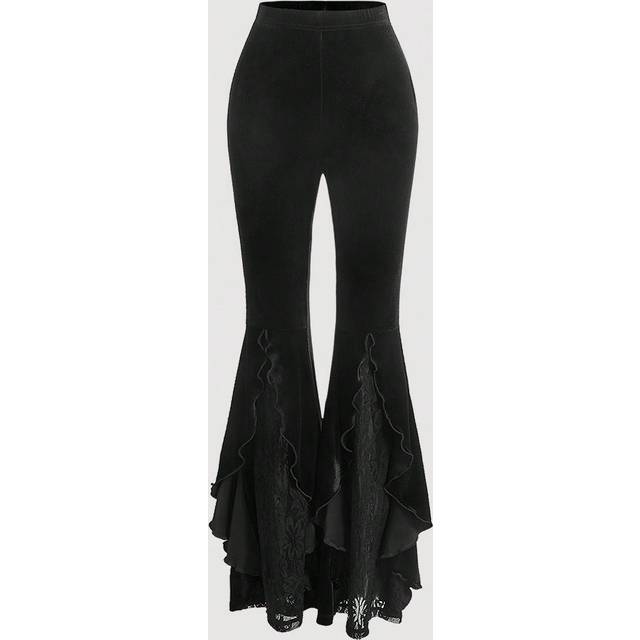 SHEIN Black Date Night Romantic Contrast Lace Ruffle Trim Velvet Flare Leg Pants