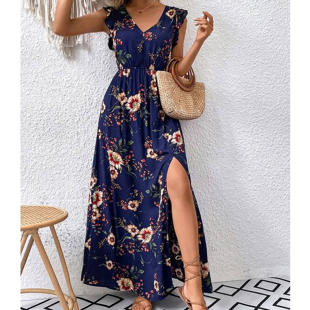 Breezaya Floral Print Ruffle Trim Slit Thigh Dress Maxi Vacation Beach Outfits Women