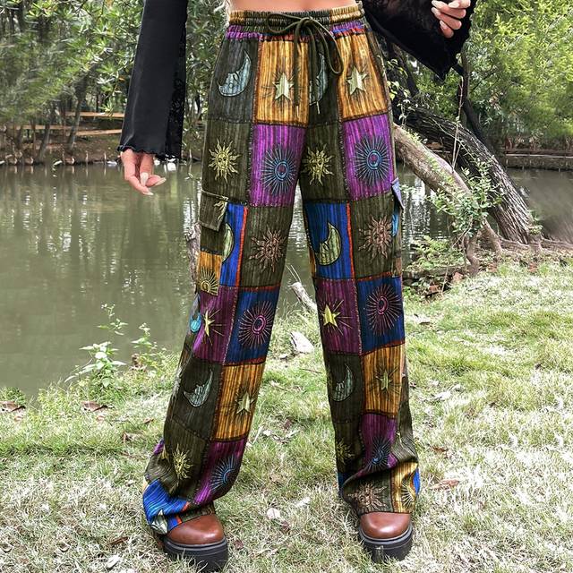 ROMWE Grunge Patchwork Print Drawstring Waist Cargo Trousers