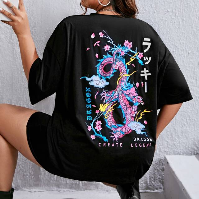 SHEIN Plus Japanese Letter & Dragon Graphic Drop Shoulder Tee