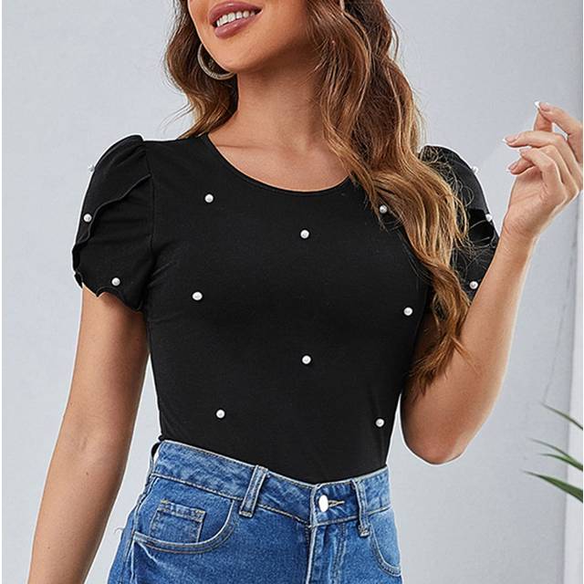 SHEIN Pearl Beaded Petal Sleeve Tee