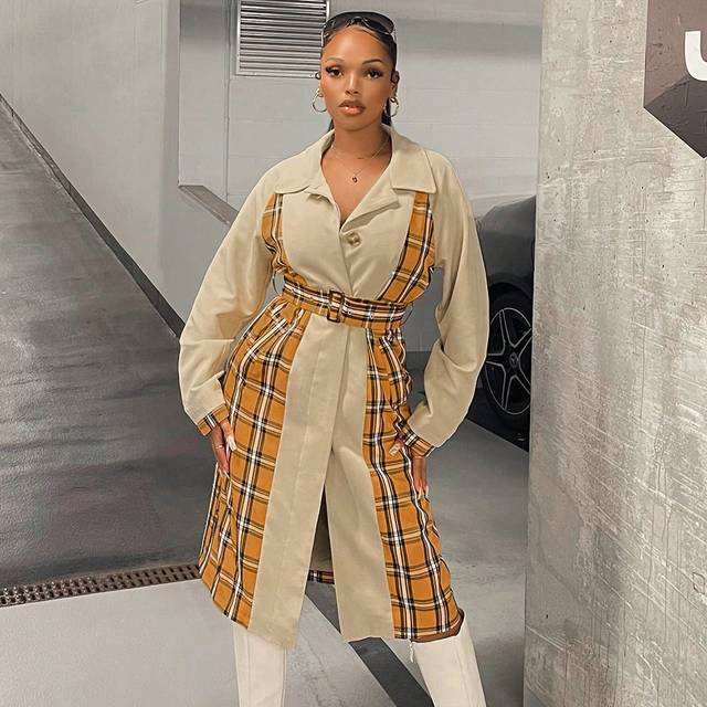 SHEIN Plaid Print Belted Coat