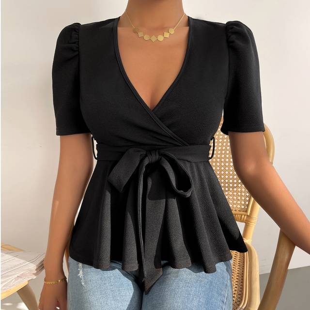 SHEIN Puff Sleeve Surplice Neck Belted Peplum Tee