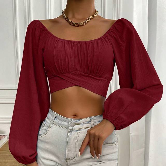 Calvaya Ruched Bust Lantern Sleeve Crop Blouse,Long Sleeve Tops