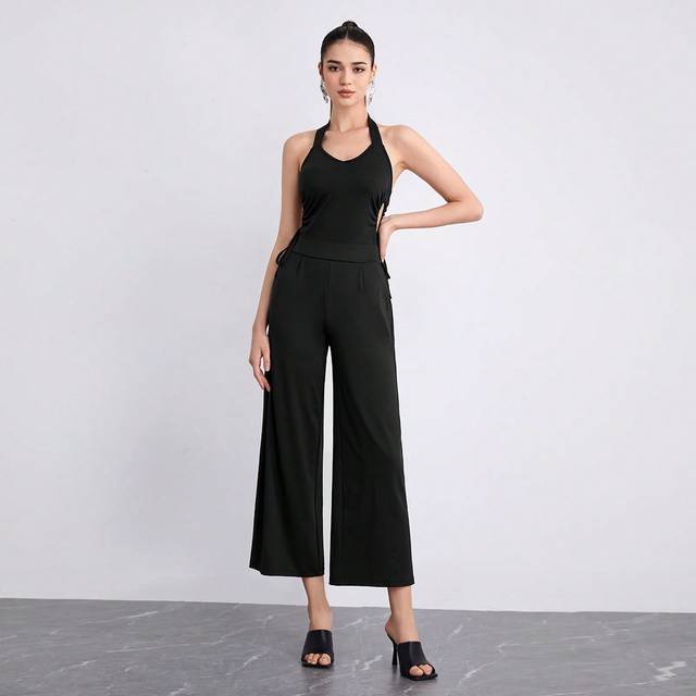 Enfärgat Halter-Neck Öppen Rygg Jumpsuit med Breda Ben - Svart (L,M,S,XL,XS,XXL,XXS)