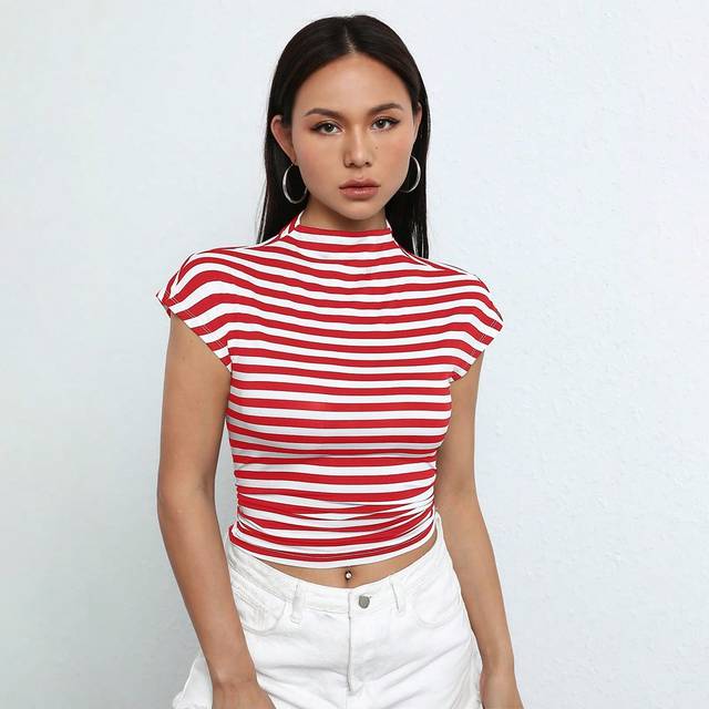 SHEIN Striped Print Batwing Sleeve Crop Tee
