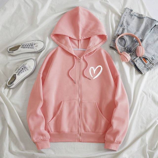 INAWLY Heart Print Zip Up Drawstring Thermal Lined Hoodie,Long Sleeve Tops Graduation,Back To School Outfits,Graduation,Teacher Outfits For Women,Back To Sch