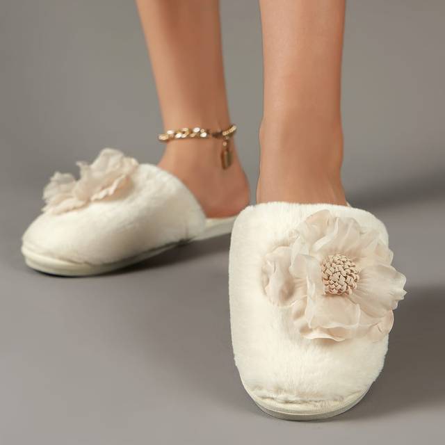 Beige blommiga plysch mjuk sula Closed Toe Tofflor, ny design (CN36-37,CN38-39,CN40-41,CN42-43)