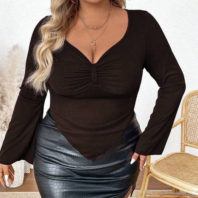 Flirla Plus Size Long Sleeve Asymmetrical Hem T-Shirt