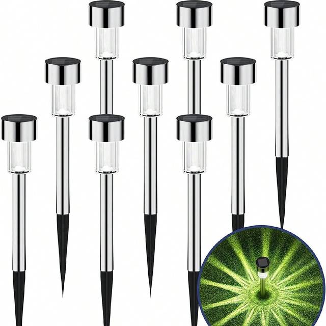 SHEIN 12pcs/10pcs Solar Outdoor Stainless Steel Lawn Lights, Waterproof Solar Garden Decorative Lights, Stainless Steel LED Landscape Path Lights Solar Powe