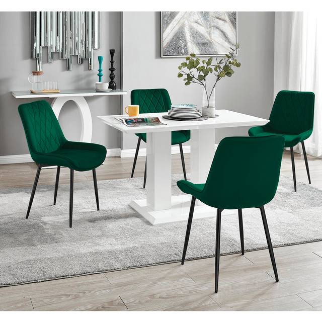 Edzard Double Pedestal High Gloss Dining Table Set with 4 Luxury Velvet Dining Chairs - Black (4)