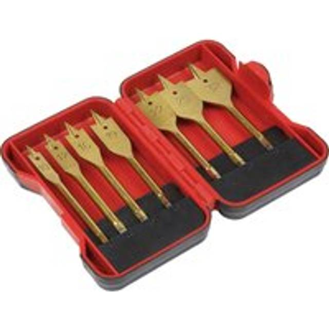 "7 Piece Titanium Coated Flat Wood Drill Bit Set - 1/4"" Hex Shank - Storage Box"